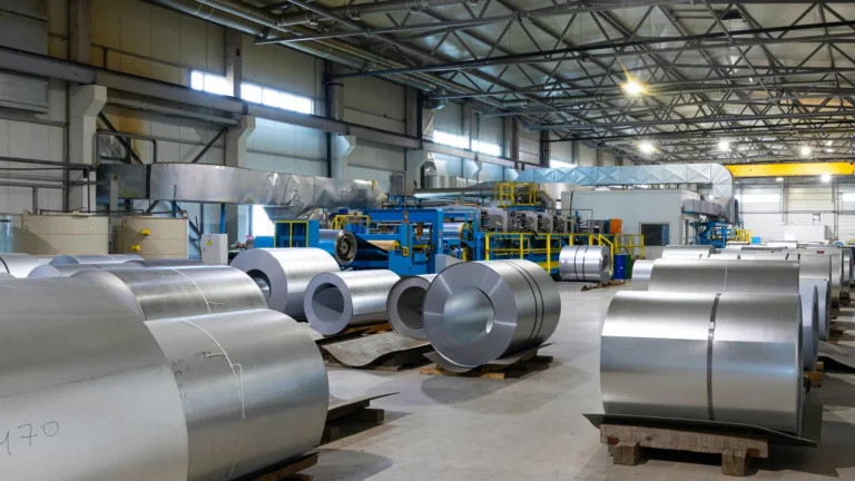 Large rolls of sheet steel or other metal sitting on a factory/warehouse floor