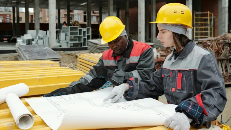 Two workers in heavy duty work wear and hard hats looking at plans, using a pile of metal bars as a makeshift desk