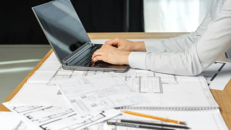 Architect or chartered surveyor working on laptop next to building drawings
