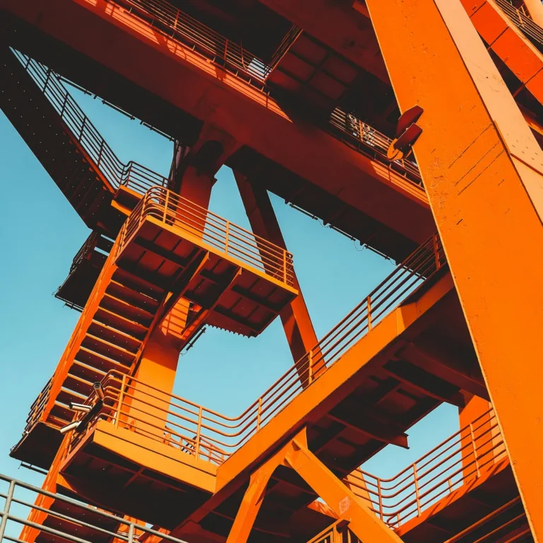 industrial metal structure (very large scale) with external staircases, all painted orange against a blue sky background